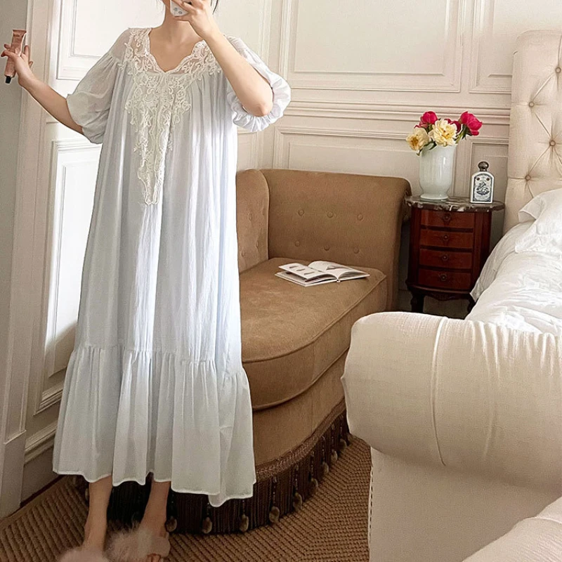 Victorian Cotton Night Dress Women Summer Fairy White Blue Sexy Lace Long Peignoir Princess Sleepwear Nightie Vintage Nightgown