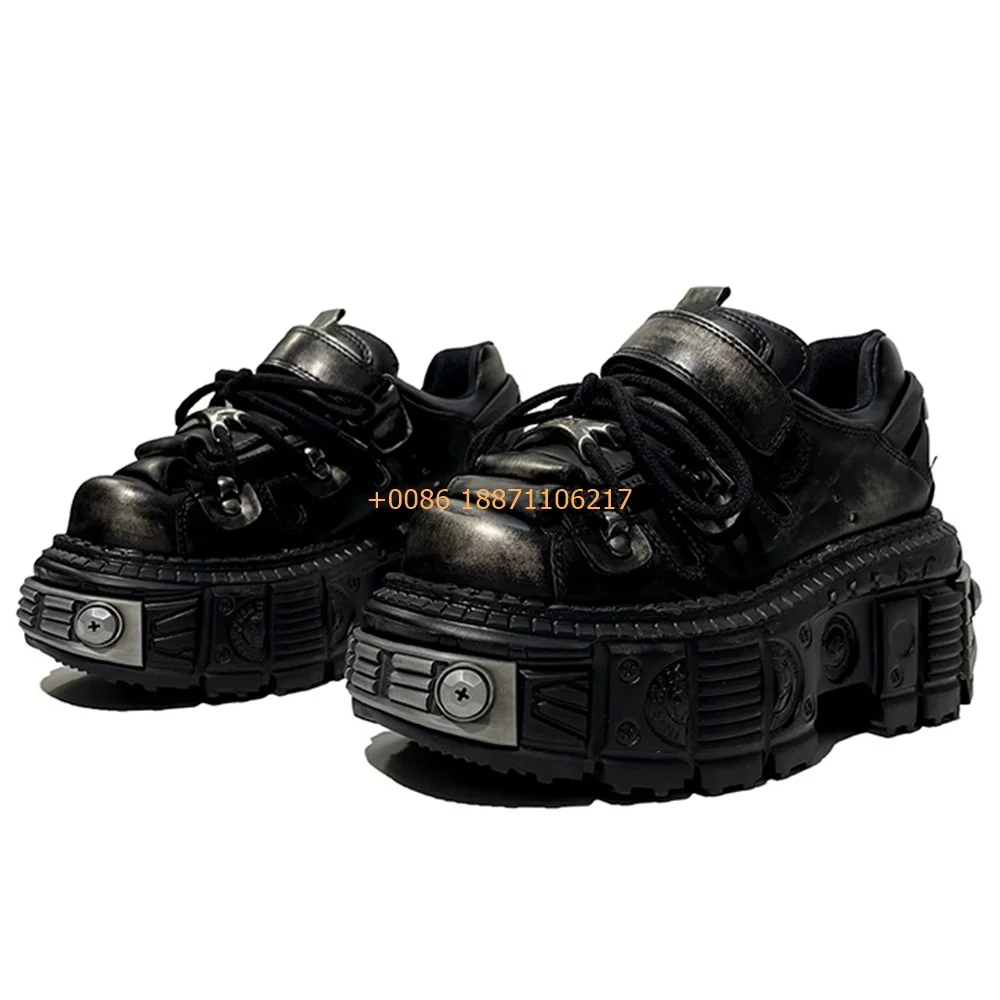 

Black Punk Metal Rivet Pumps 2025 New Fashion Women's Platform Round Toe Street Rock Y2K Short Boots Spring Sports Casual Shoes