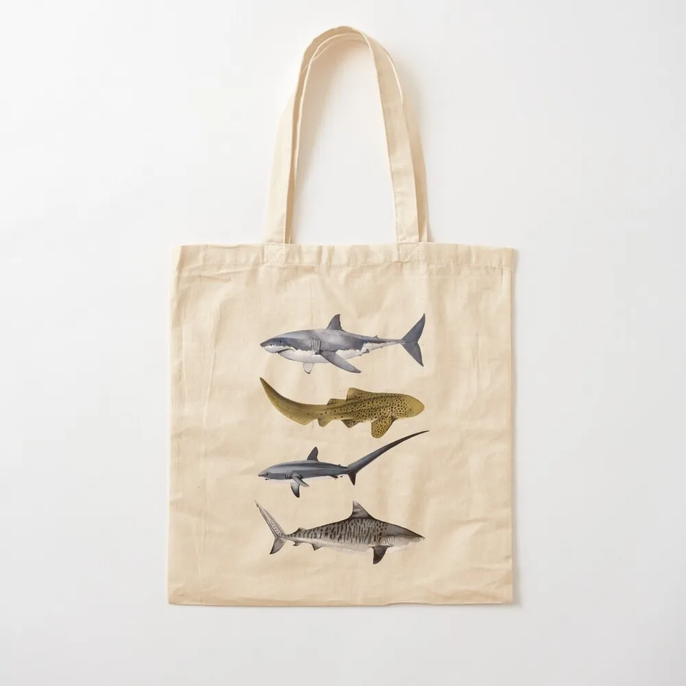 

SHARKS VI-great white, zebra, thresher & tiger sharks Tote Bag tote bag custom shopping cart bags free delivery bags