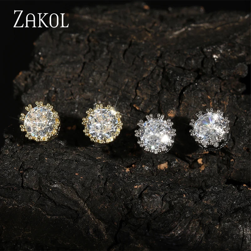 ZAKOL Fashion Crown Women Classic Shining Round Cz Zircon Small Stud Earrings Gold Color Ears for Men Crystal Party Jewelry