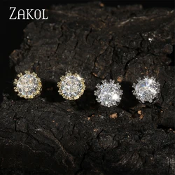 ZAKOL Fashion Crown Women Classic Shining Round Cz Zircon Small Stud Earrings Gold Color Ears for Men Crystal Party Jewelry