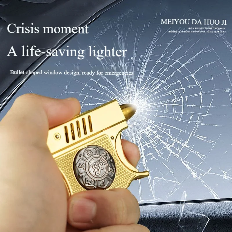 Zinc Alloy Oil Lighter with Break Glass Punch Mechanical Flip Top Auto-Eject Flame-Retro Chinese Style Windproof Lighter for Men