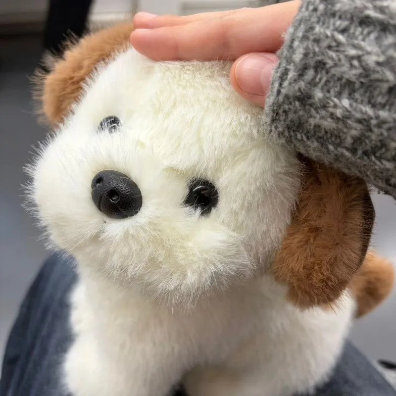Lindo cachorro de peluche blanco y marrón, Animal relleno suave y esponjoso, perro mascota realista para el hogar, sofá, decoración de escritorio, habitación acogedora, regalo Ideal
