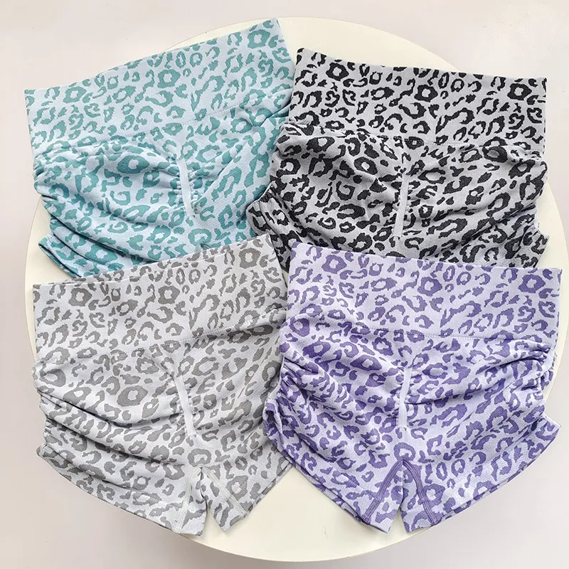 Exy Leopard Print Yoga Shorts, High Waist Ruched Butt Lifting 3-Point Sports Shorts for Running Summer