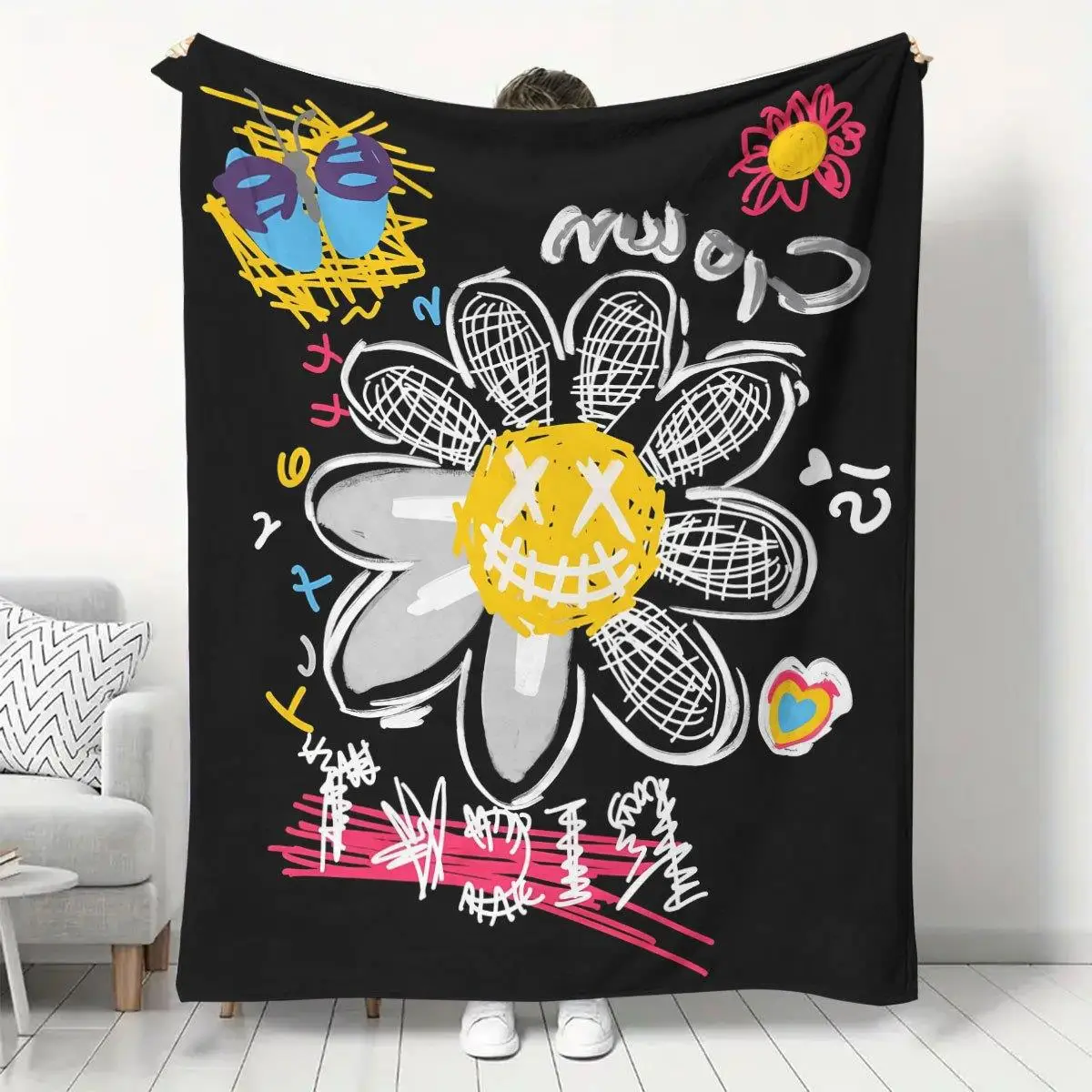 1pc Ultra-Soft Abstract Graffiti Daisy Print Blanket - Black & White with Pink/Yellow Green Graffiti Daisies, /Korean Text Accen