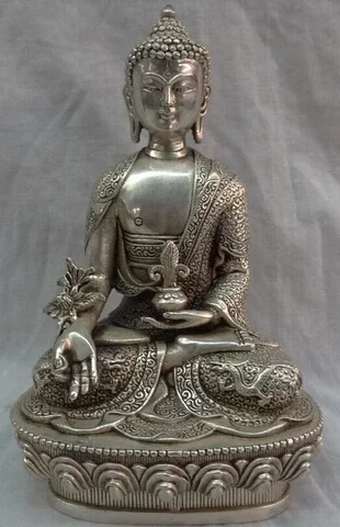 Fast shipping 20cm Chinese Silver Buddhism Shakyamuni Tibet Joss Dragon Medicine Buddha Statue