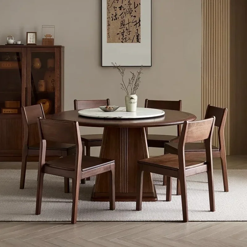 

Minimalist Modern Dining Table Living Room Furniture Turntable Round Household Walnut Solid Wood Frame Table Combination Chair