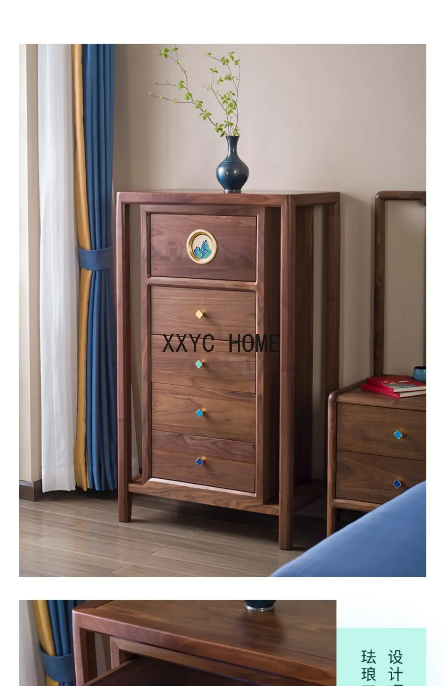 Thousand-Li Landscape North America Black Walnut Solid Wood High Cabinet New Chinese Style Chest of Drawers Locker Showcase