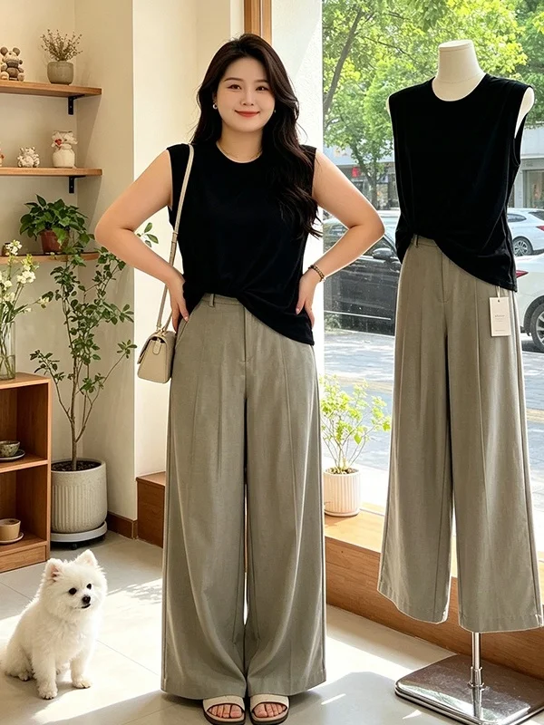 

plus Size Black Sleeveless Top And Wide Leg Pants Set Women's Summer New Slimming Ageless Two Piece Set Fashionable Commute S...