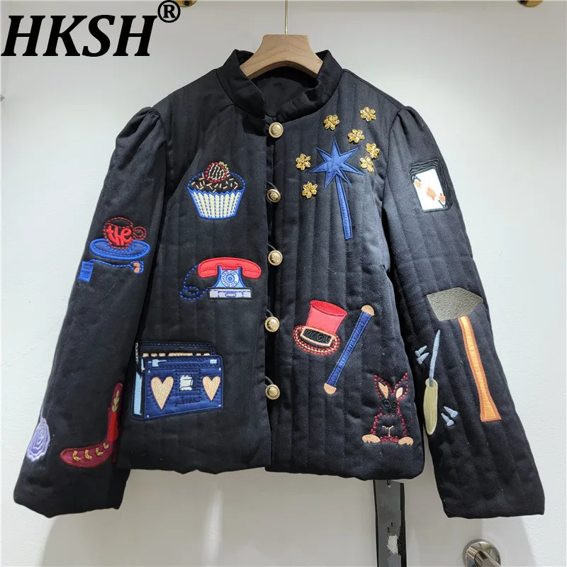 HKSH Women Padded Coat Heavy Cartoon Embroidered Fun Pattern Design Stand Collar Loose Casual Niche Vintage Warm Jackets HK27714