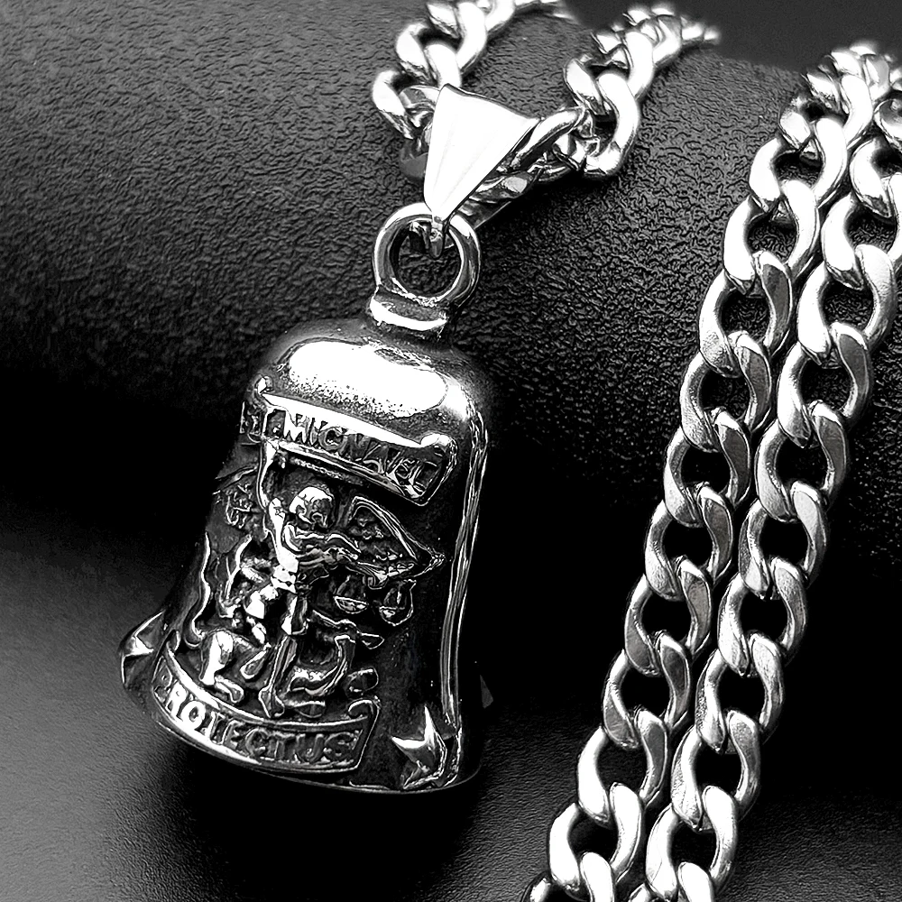 

Archangel Saint Michael Guardian Bell Stainless Steel Chain Necklace for Women Men Silver Color Pendant Necklaces Bikers Jewelry