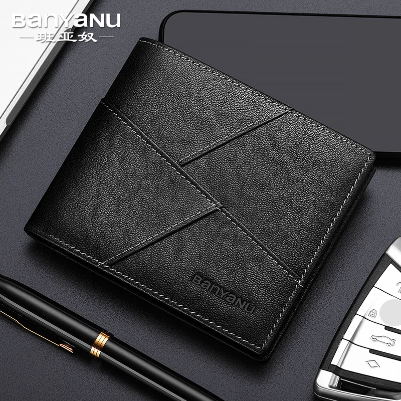 

BANYANU Men's Genuine Leather Wallets Multifunction RFID Anti-Theft Brush Retro Top Layer Cowhide Short Wallet Foreign Trade Bag