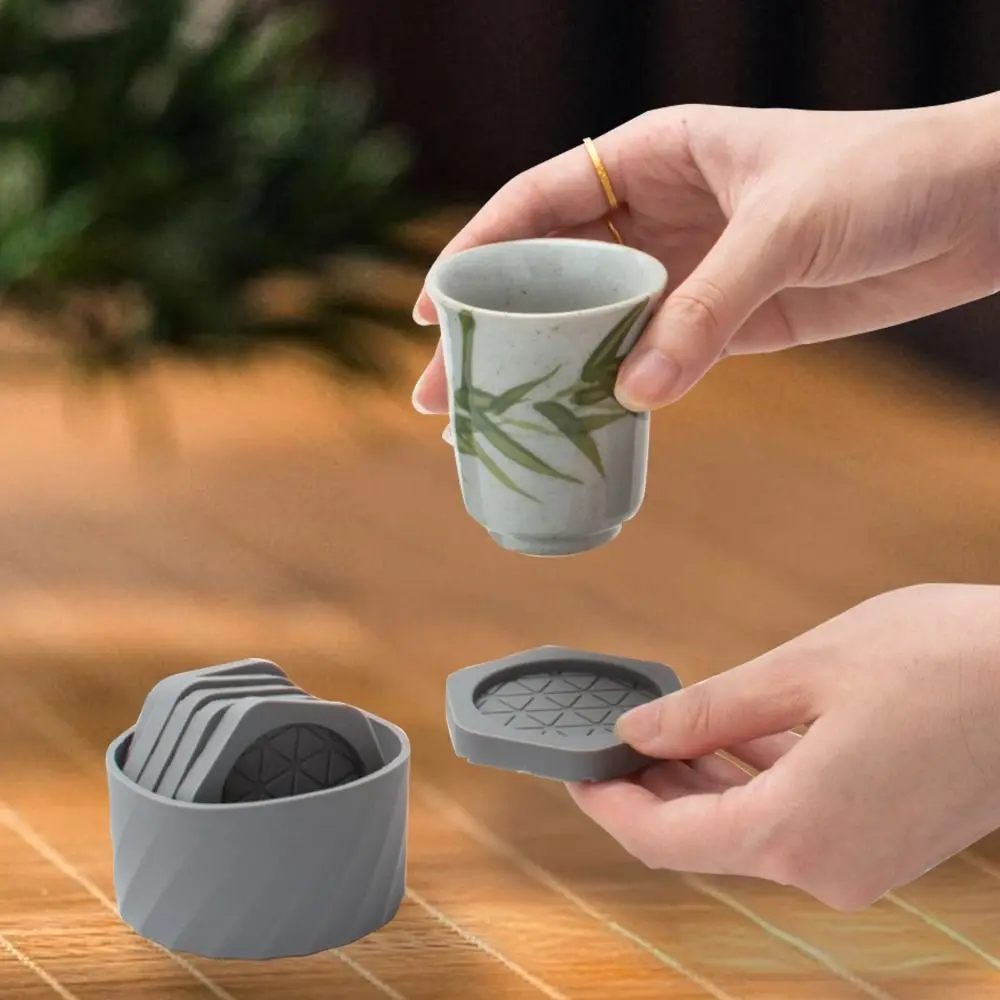 6Pcs Silicone Drinking Coaster Set Round Heat Resistant Glass Beverage Holder Pad with Storage Bucket Non Slip Tea Drink Mug Mat