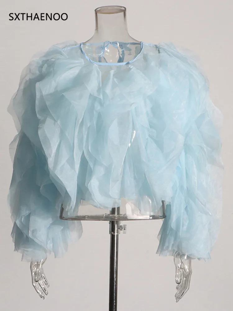 SXTHAENOO Elegant Patchwork Ruffles Chiffon Blouses Women O Neck Lantern Long Sleeve Loose Shirt Female Clothing Fashion 2025