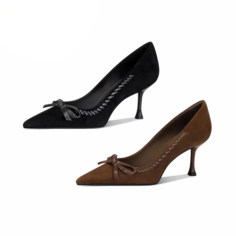 Fashion Colorblock Bow Temperament Pointed Toe High Heels Women's Stiletto New Black Scrub Sheepskin Shoes