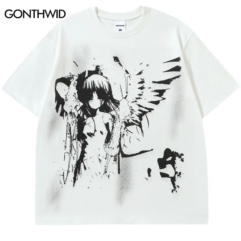 Hip Hop Punk Tshirt Streetwear Y2K Harajuku Japanese Anime Cartoon Angel Wing Girl Graphic Print T-Shirt Fashion Loose Tee Top