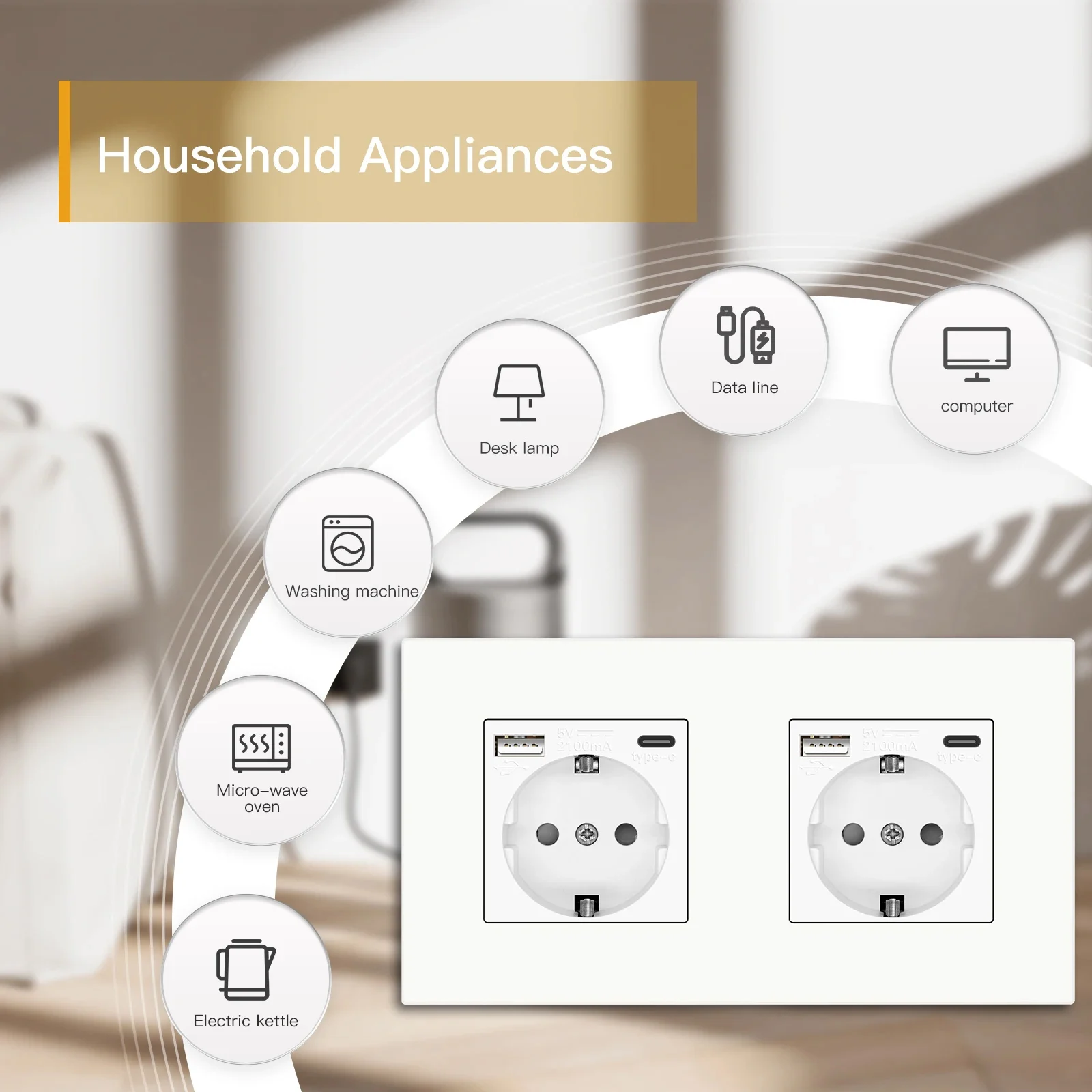 BSEED EU Wall Sockets Type-C USB Power Sockets Double Electric Sockets Triple Outlets Plastic Frame Germany Socket With Dual USB