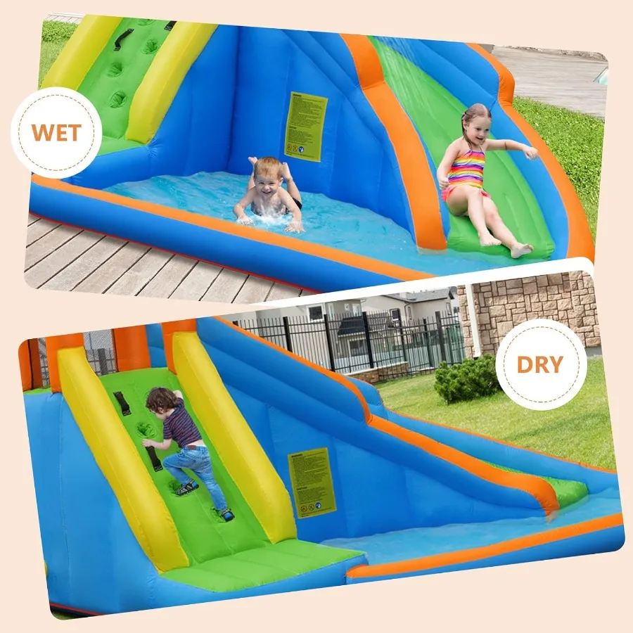 Inflatable Water Slide, Kids Bounce House with Slide Climbing Wall Splash Pool, Outdoor Jumping Castle Inflatable Obstacle Cour