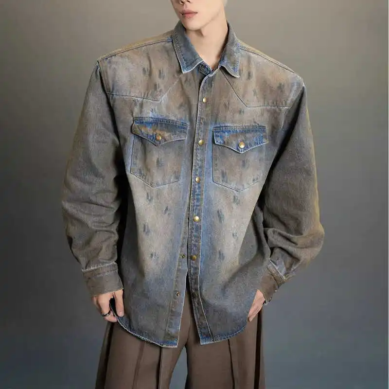 

Men's Spring Autumn Korean Sle Denim irt Jaet Long Sve Casual Outerwear Faionable Wasteland Design Youth