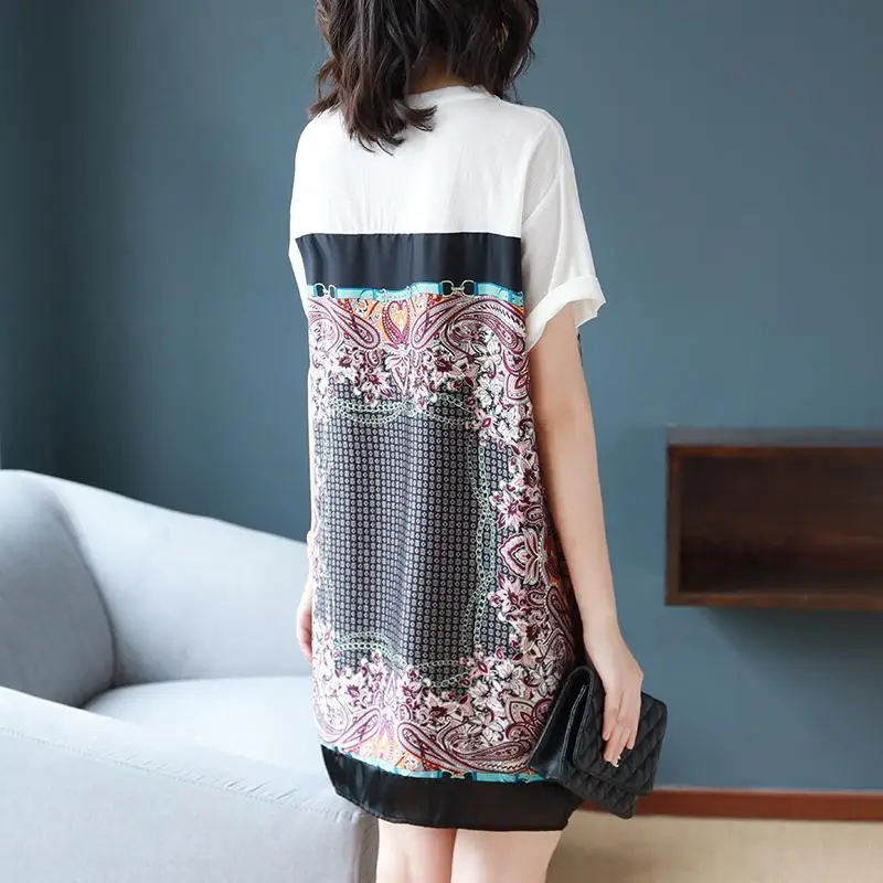 Fashion O-Neck Printed Spliced Loose Korean Mini Dress Women's Clothing 2023 Summer New Short Sleeve Office Lady Vintage Dress