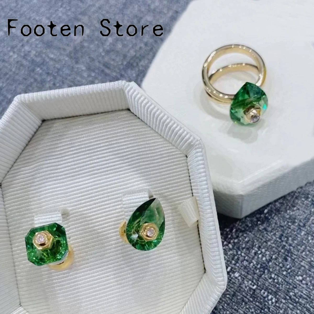 

2025 New Trend Green Crystal Fine Jewelry Set Fashion for Women Bamboo Original Necklace Earring Bracelet Ring Party Accessories