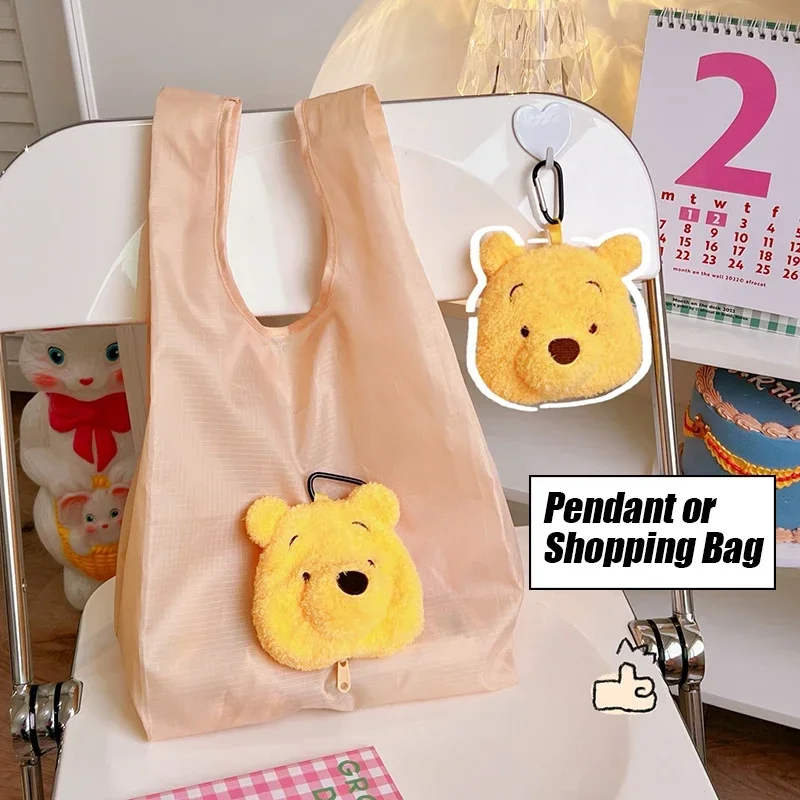 2 in 1 Disney Pooh Bear Shopping Bag Backpack Pendant Cartoon Anime Storage Bags Foldable Plush Tote Handbag Children Charm Gift