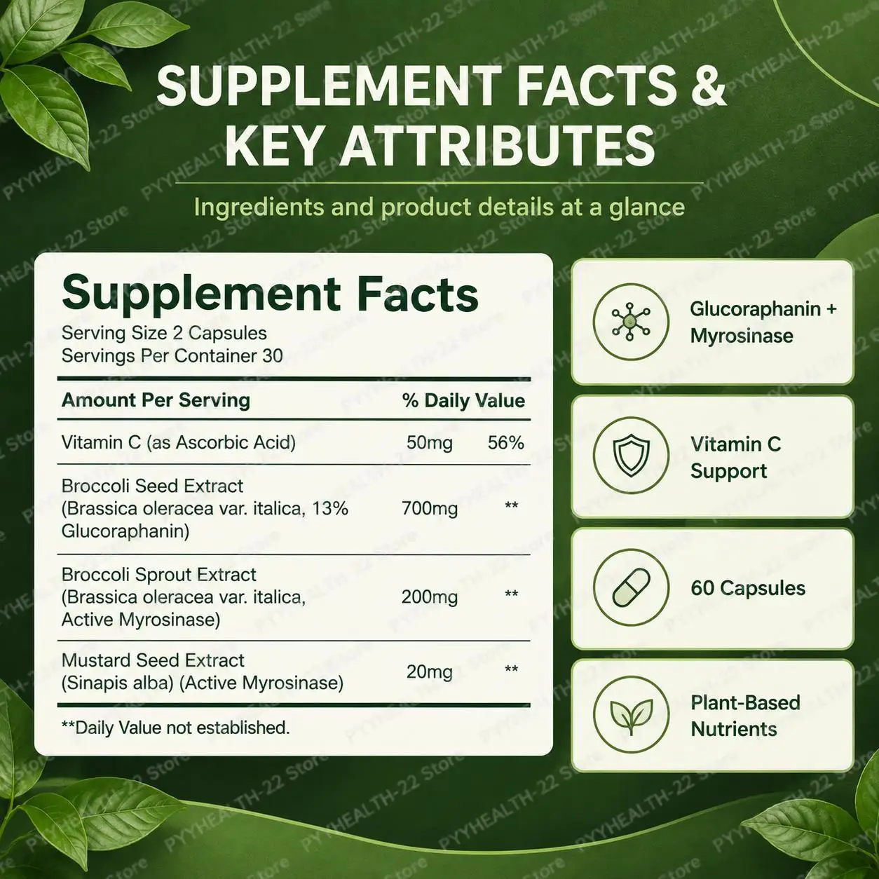 Broccoli Sprout Extract Capsules with Glucoraphanin & Myrosinase Plus Vitamin C, Supports Cell Vitality & Immune, 60 Capsules