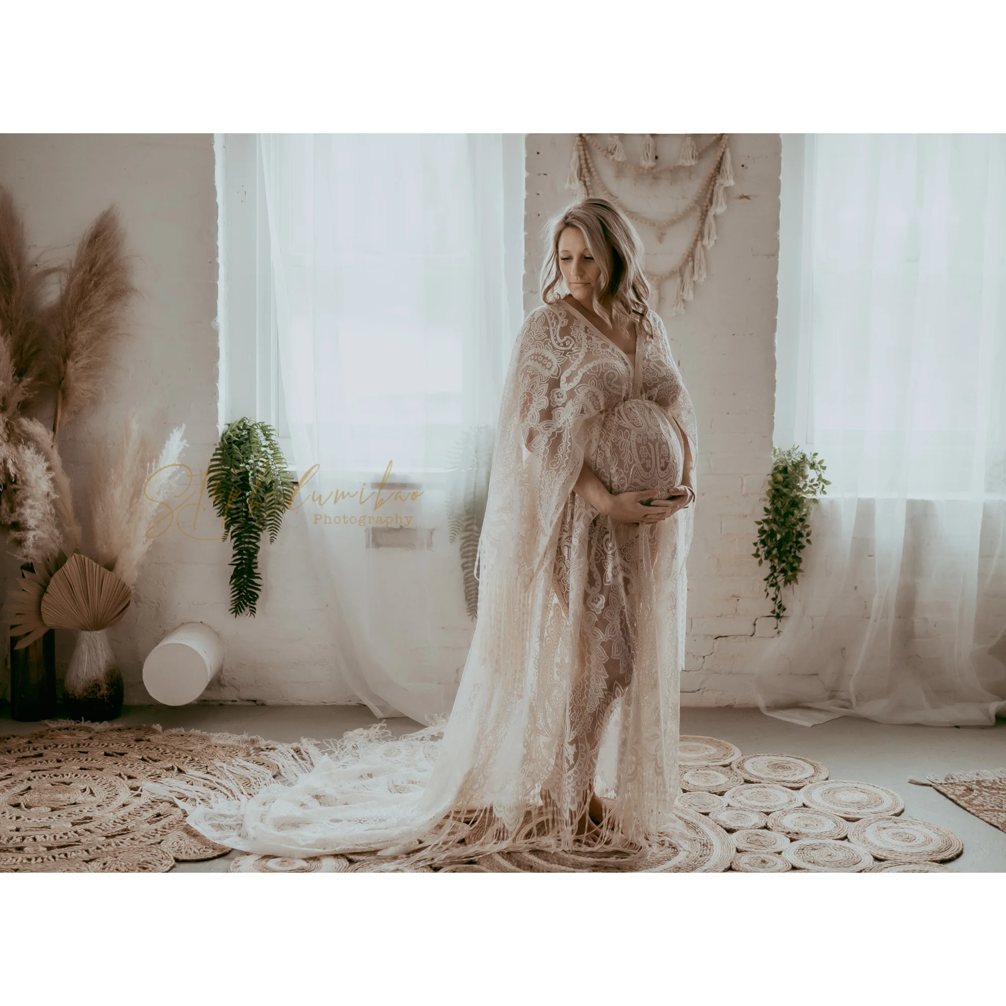 

Don&Judy Boho Lace Maternity Dresses Photography With Long Tassels Maxi Wedding Party Photo Shoot Studio Gown for Pregnant Women