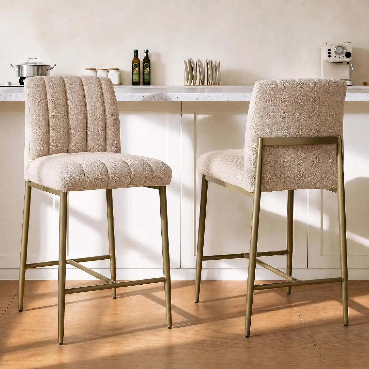 Comfortable Bar Stools Set of 2, 26” Thick Upholstered Counter Height Bar Stools with Back, Linen Counter Stools with Metal Legs