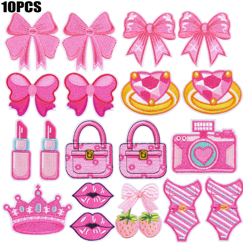 10PCS Pink Ring Bow Tie Patch Crown Lipstick Camera Embroidered Patches Jackets Has Bags Sew Patch Iron On Patches For Clothing