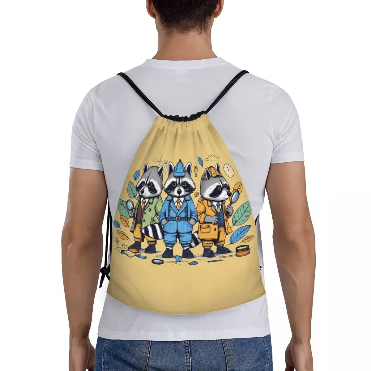 Raccoon Detectives Backpacks Portable Drawstring Bags Sports Bag Book Bags for Man Woman School