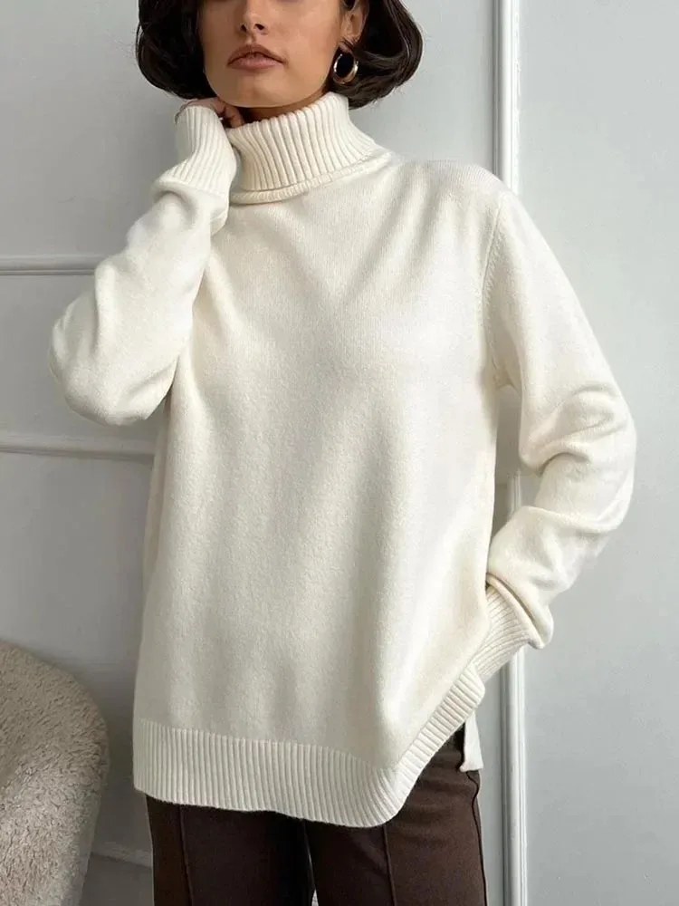 Fashion Women\'s Turtleneck Autumn Winter New Knit Pullover Sweaters Oversized Jumper Loose Casual Solid Blue Green Sweater Woman