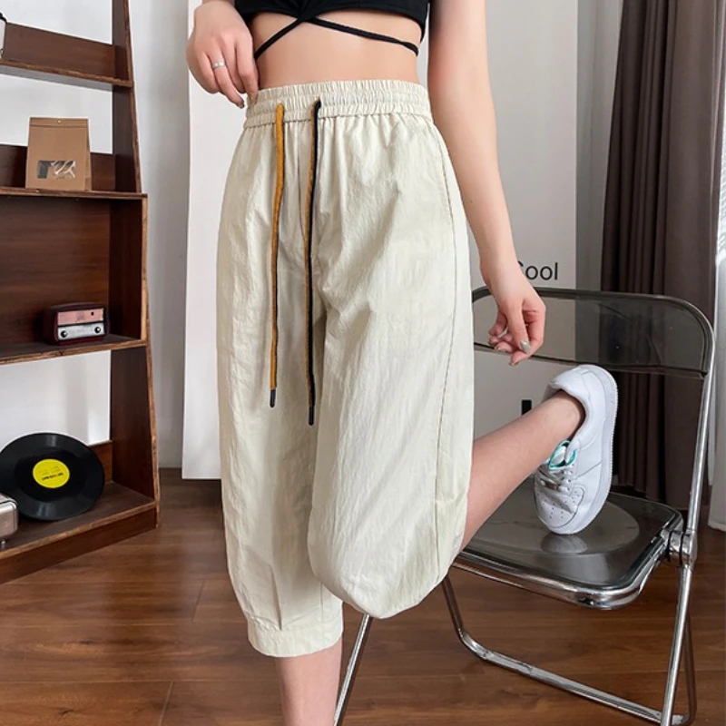 

Summer Women Wide Leg Thin Japanese Ice Silk Pants Casual Loose Ealstic Waist Calf-Length Pants for Female Quick Dry Trousers
