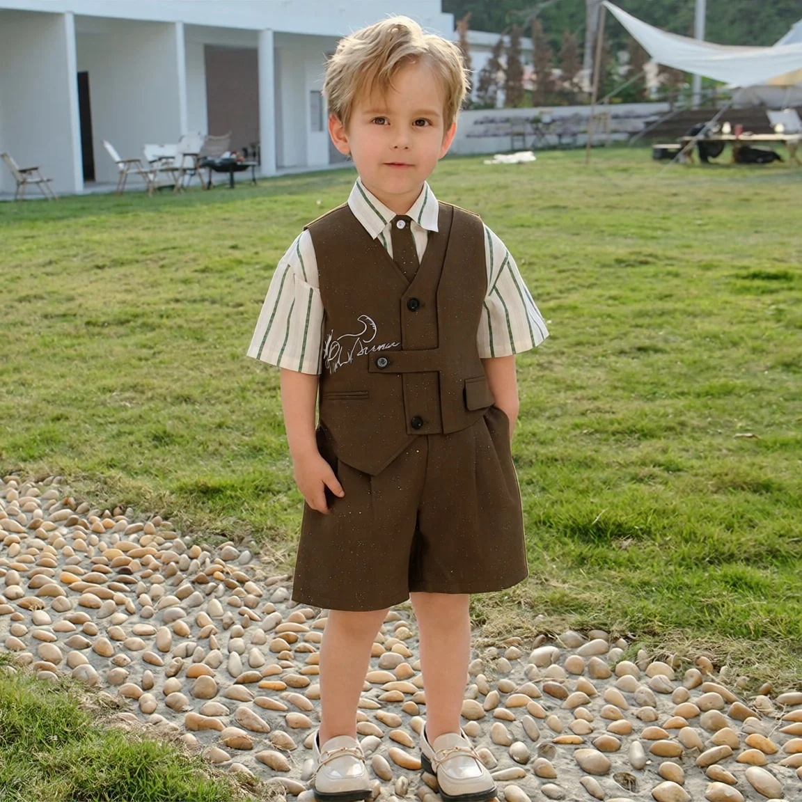 Children's Spring/Summer Suit Gentleman Stylish Vest Set Flower Boy First Birthday Outfit Boys' Host Performance Costume
