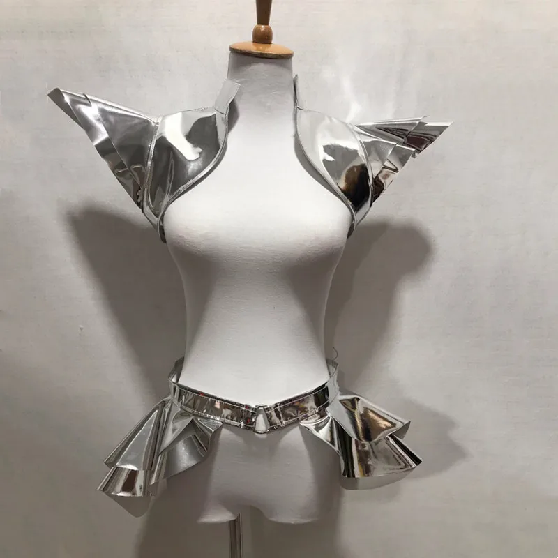 

Gold Silver Patent Leather Flying Shoulder Pads Skirt Performance Clothes Women Jazz Dance Outfit Nightclub Gogo Stage Costume