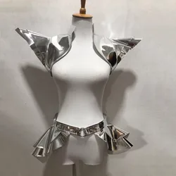 Gold Silver Patent Leather Flying Shoulder Pads Skirt Performance Clothes Women Jazz Dance Outfit Nightclub Gogo Stage Costume