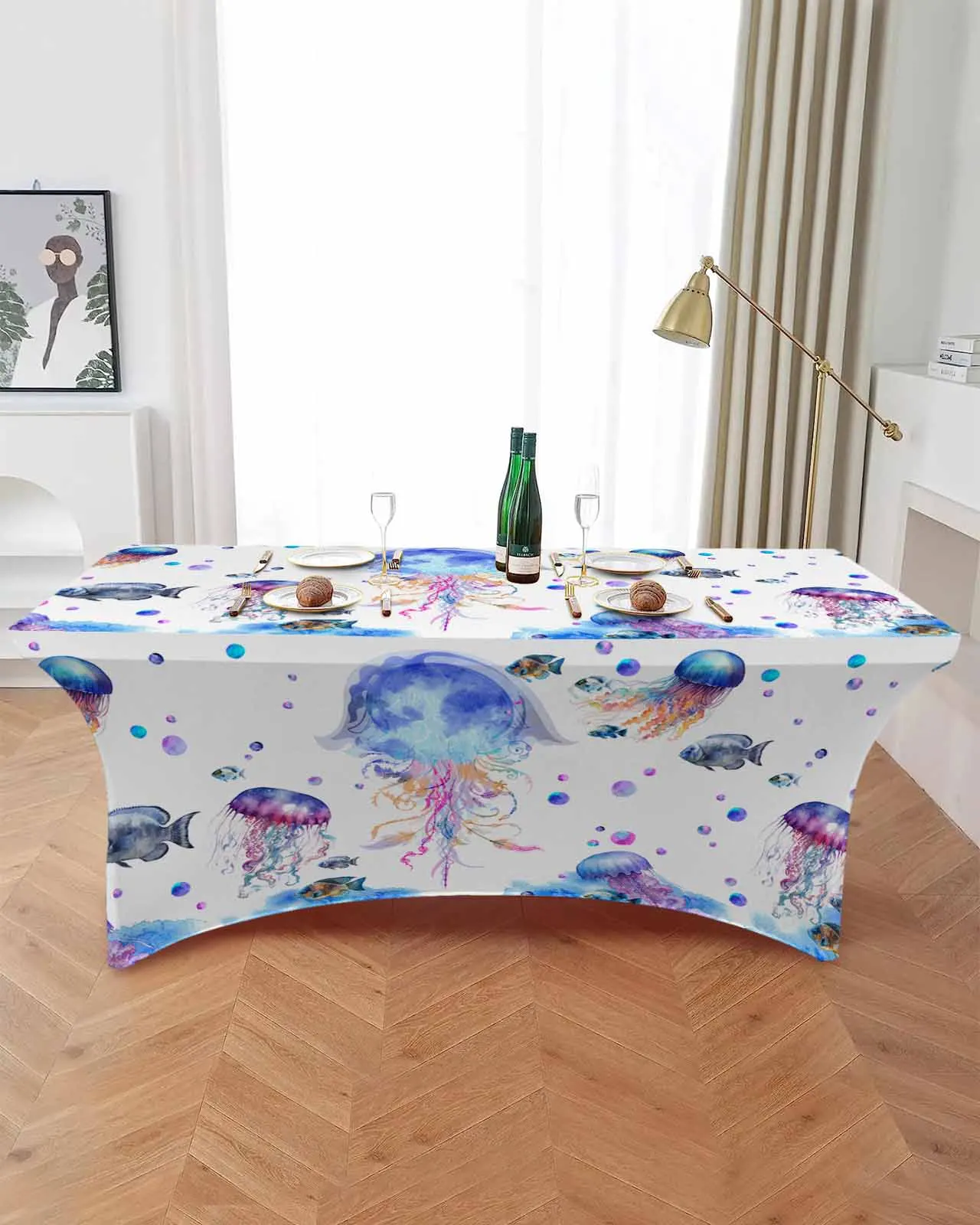 Summer Sea Life Jellyfish Watercolor Elastic Table Skirt Wedding Birthday Table Decoration Table Skirt Tablecloth for Party