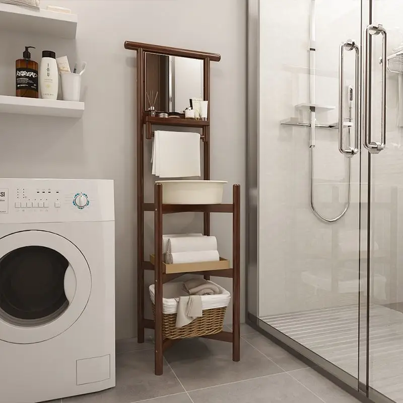 Solid wood washbasin rack, multi-functional bathroom with mirror, floor-to-ceiling kitchen washbasin rack