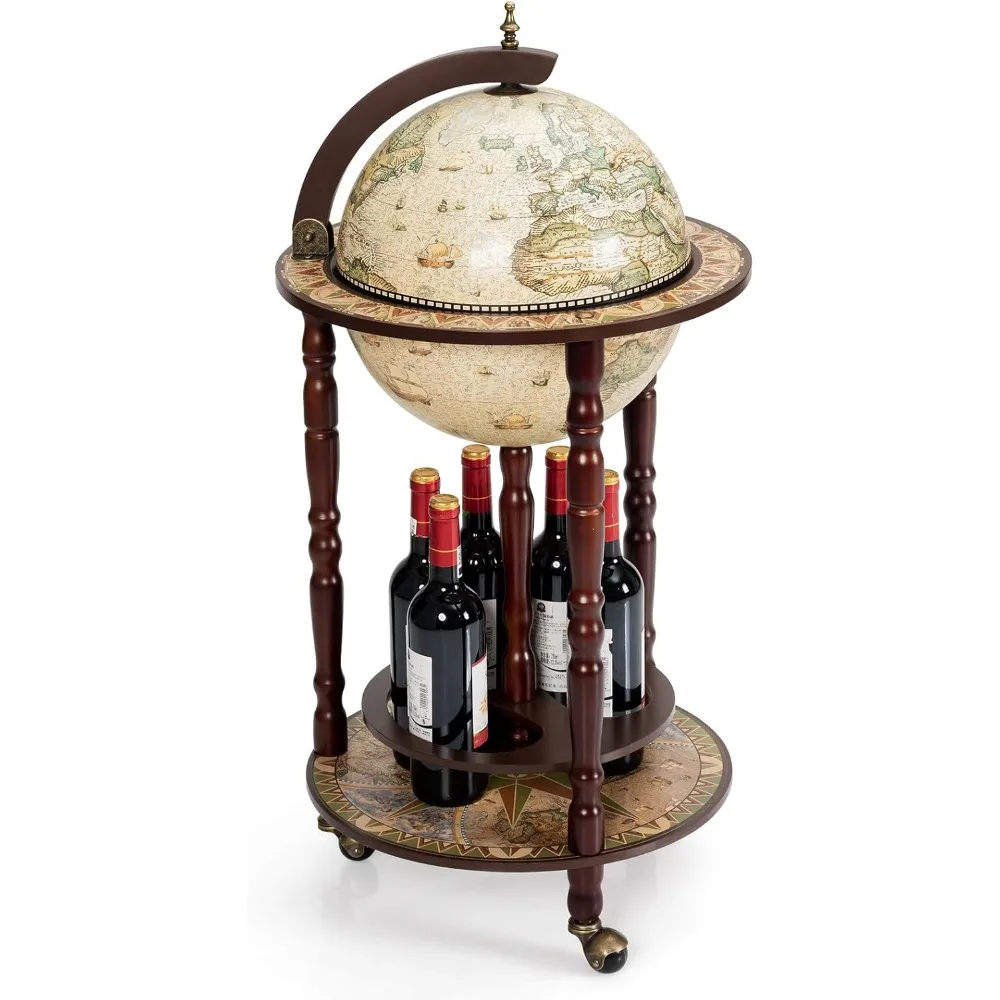 Globe Wood Wine Bar Stand, 16th Century Italian Replica Liquor Bottle Shelf w/Wheels, Wood Wine Cart Cabinet w/Bottom Shelf