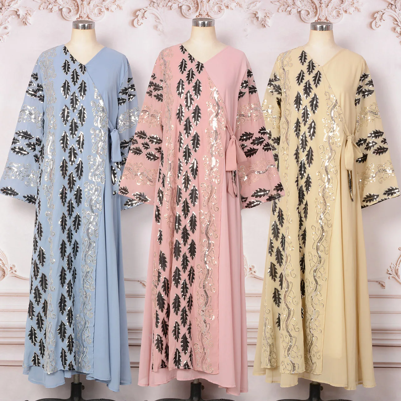 

Wrap Abaya Dress for Women, V Neck Sequins & Embroidery Long Sleeves Evening Party Ramadan Eid Dubai Islam Muslim Long Dress