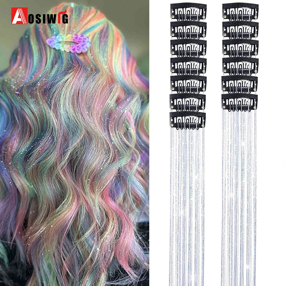 20inch Sparkle Synthetics Hair Pieces Extensions 12 pieces Laser Gold Wire Shiny Colored Strands Girls Headwear Hair binge Hair