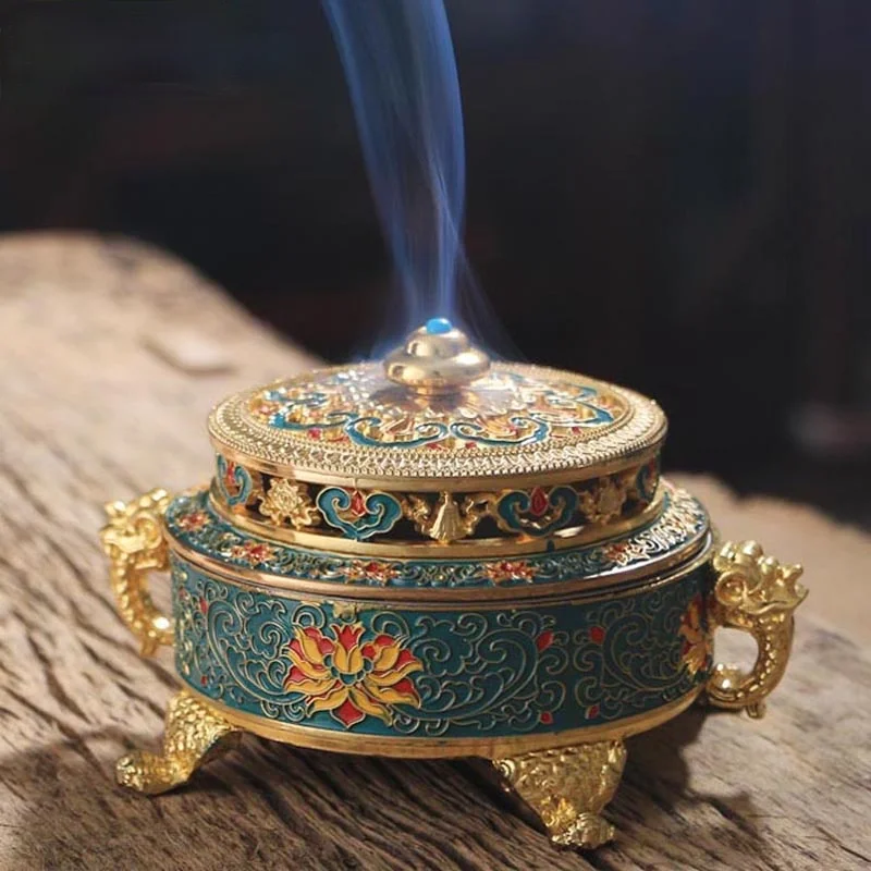 

Colorful Enamel Lotus Incense Burner, 4-Foot Metal Painted Incense Base, Tea Ceremony Accessories, Sandalwood Coil Censer