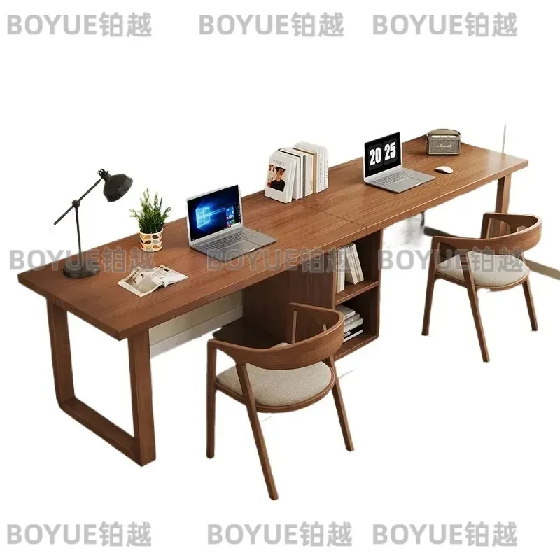 Solid Wood Double Desk with Bookshelf Wall Mounted Computer Table for Bedroom Home Office Student Long Study Workbench