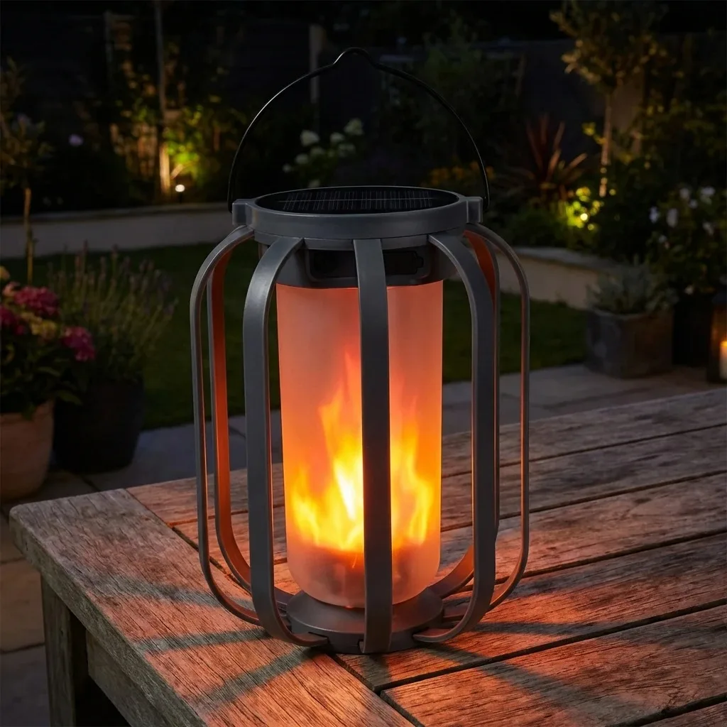 Solar Lantern Outdoor, LED Flame Effect Camping Light, IP65 Waterproof Decorative Hanging Lamp for Garden Patio Deck Camp