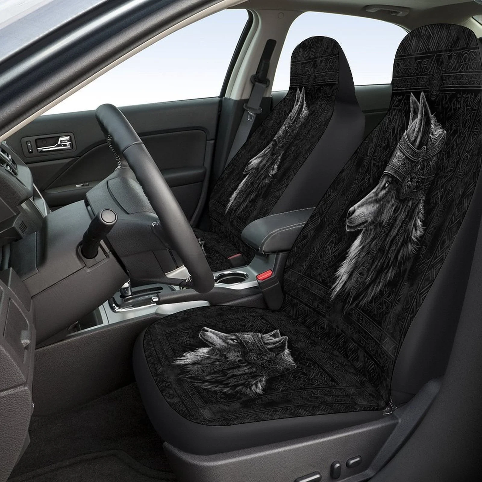 Vintage Viking Wolf Design Car Seat Cover Set - High-Quality, Comfortable Polyester Fabric, Full Coverage For 2 Front & Rear Sea