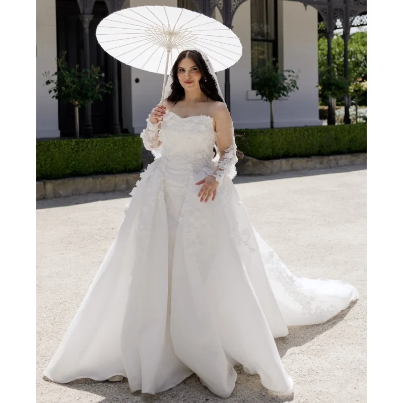 Customized 2026 New White Elegant Sexy Wedding Dress V-Neck Long Sleeved Satin Decal Lace Detachable Trailing Vestido De Noviav