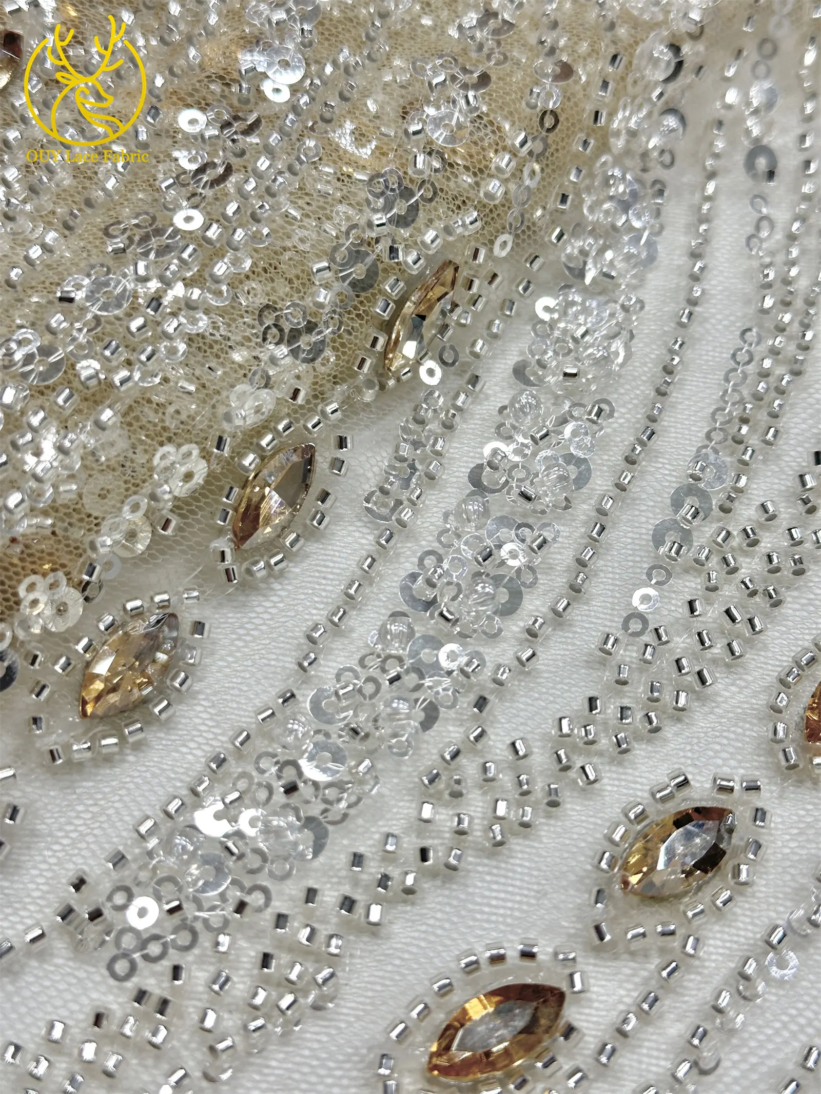 Marineblauer, hochwertiger, luxuriöser, österreichischer Diamant-Perlen-Spitzenstoff im neuen Stil 2026, afrikanischer Pailletten-Spitzenstoff für Brautkleider und Hochzeitsfeiern. – Detail 25