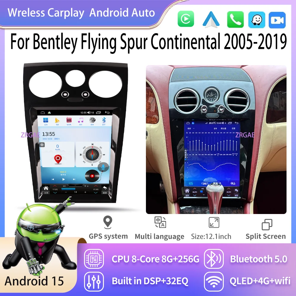 12.1”Android 15 Wireless Carplay For Bentley Flying Spur Continental 2012-2019 Car Radio Multimedia Player Bluetooth Stereo GPS