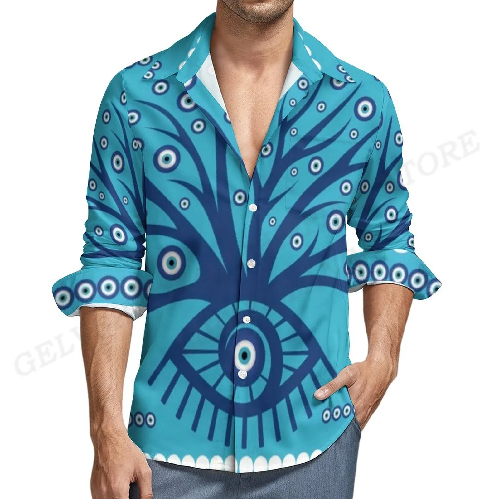 New Aesthetic Eye Graphic Print Men's Long Sleeve Shirt Fashion Shirt Summer Beach Shirt Cuban Lapel Shirt Men's Shirt