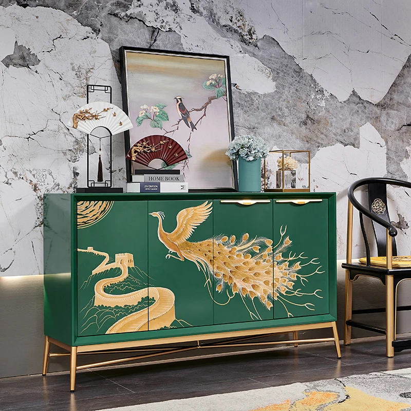 Modern light luxury new Chinese retro emerald dining cabinet 2025 new painted peacock living room